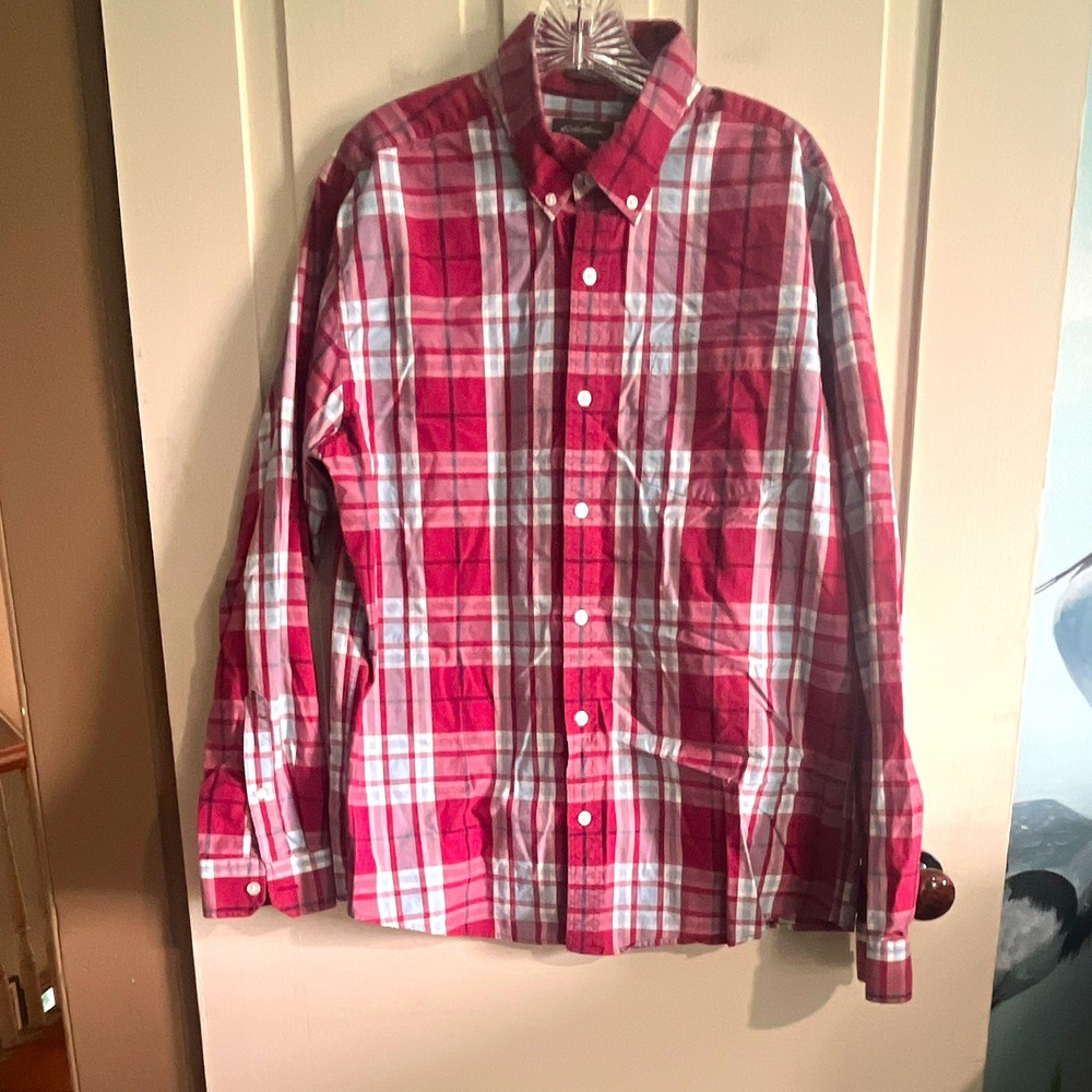 Eddie Bauer Men's L Classic Fit Woven Cotton Plaid Button-Down Shirt Pockets